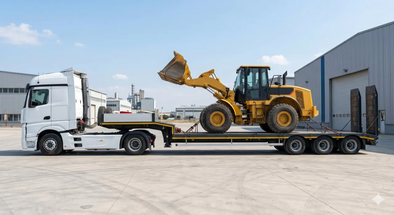 Lowbed dorse üzerinde lastikli yükleyici — Marmara genelinde lowbed kiralama